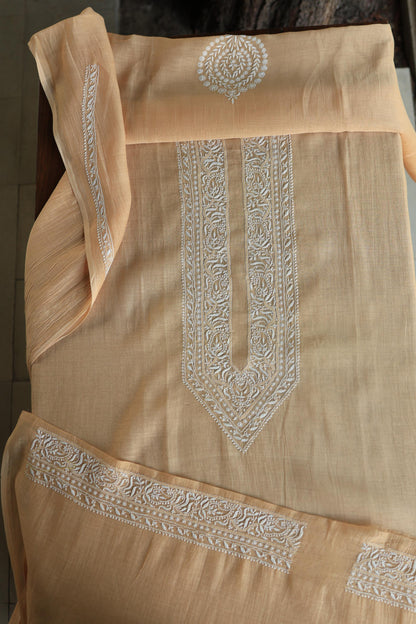 Peach Mulmul Chikankari Men's Kurtas Fabric