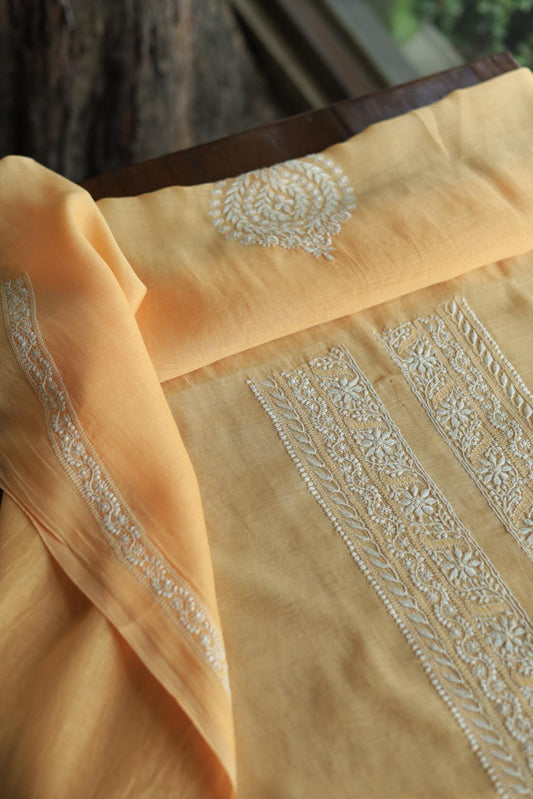 Peach Mulmul Chikankari Unstitched Men's Kurtas Fabric