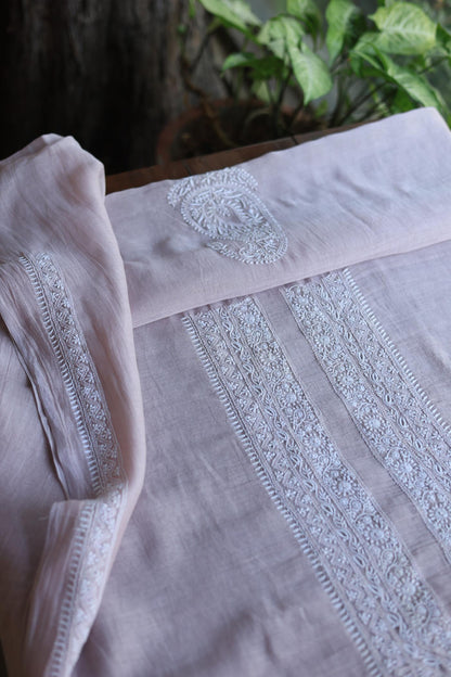 Peach Mulmul Chikankari Unstitched Men's Kurtas Fabric