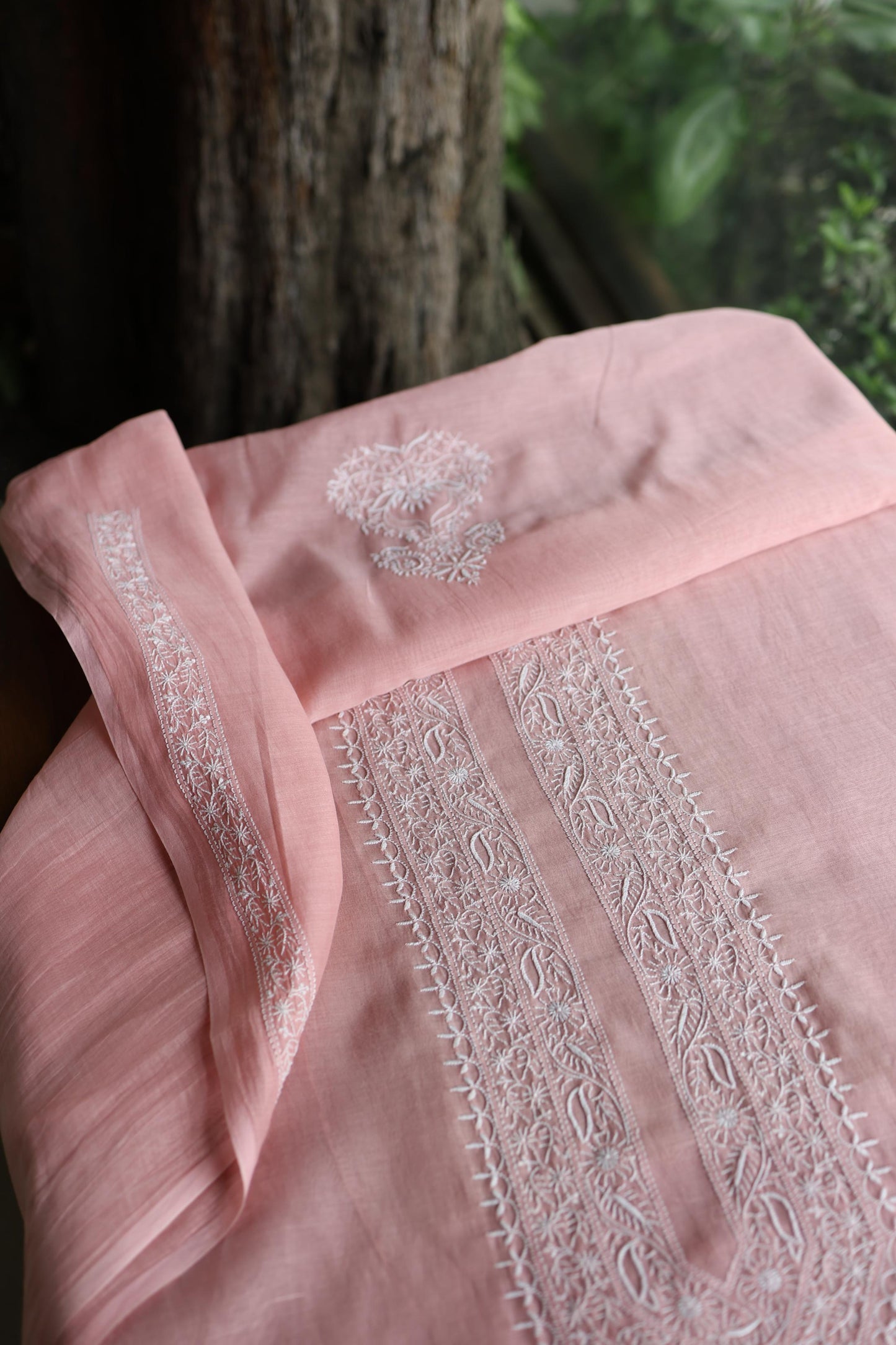 Peach Mulmul Chikankari Unstitched Men's Kurtas Fabric
