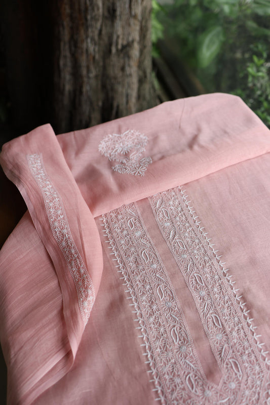 Peach Mulmul Chikankari Unstitched Men's Kurtas Fabric