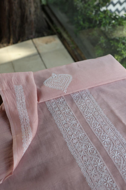 Peach Mulmul Chikankari Unstitched Men's Kurtas Fabric