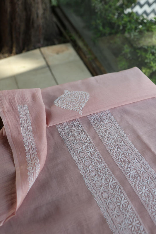 Peach Mulmul Chikankari Unstitched Men's Kurtas Fabric