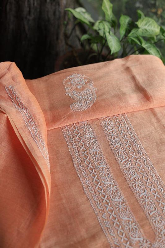 Peach Mulmul Chikankari Unstitched Men's Kurtas Fabric