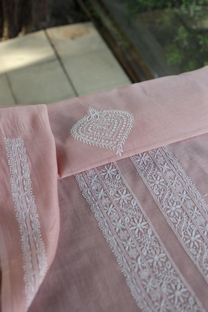 Peach Mulmul Chikankari Unstitched Men's Kurtas Fabric