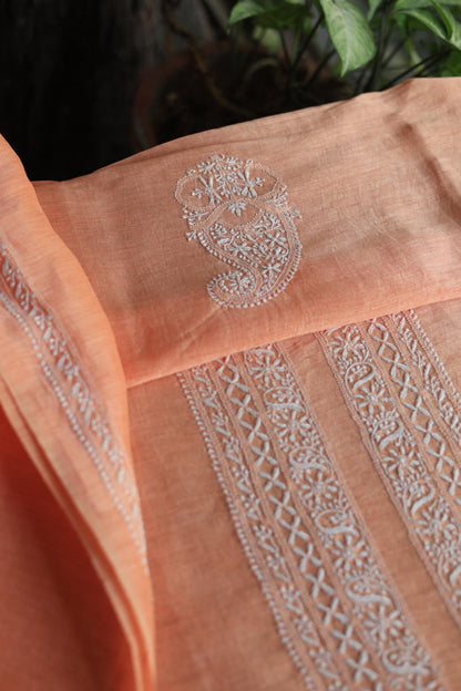 Peach Mulmul Chikankari Unstitched Men's Kurtas Fabric