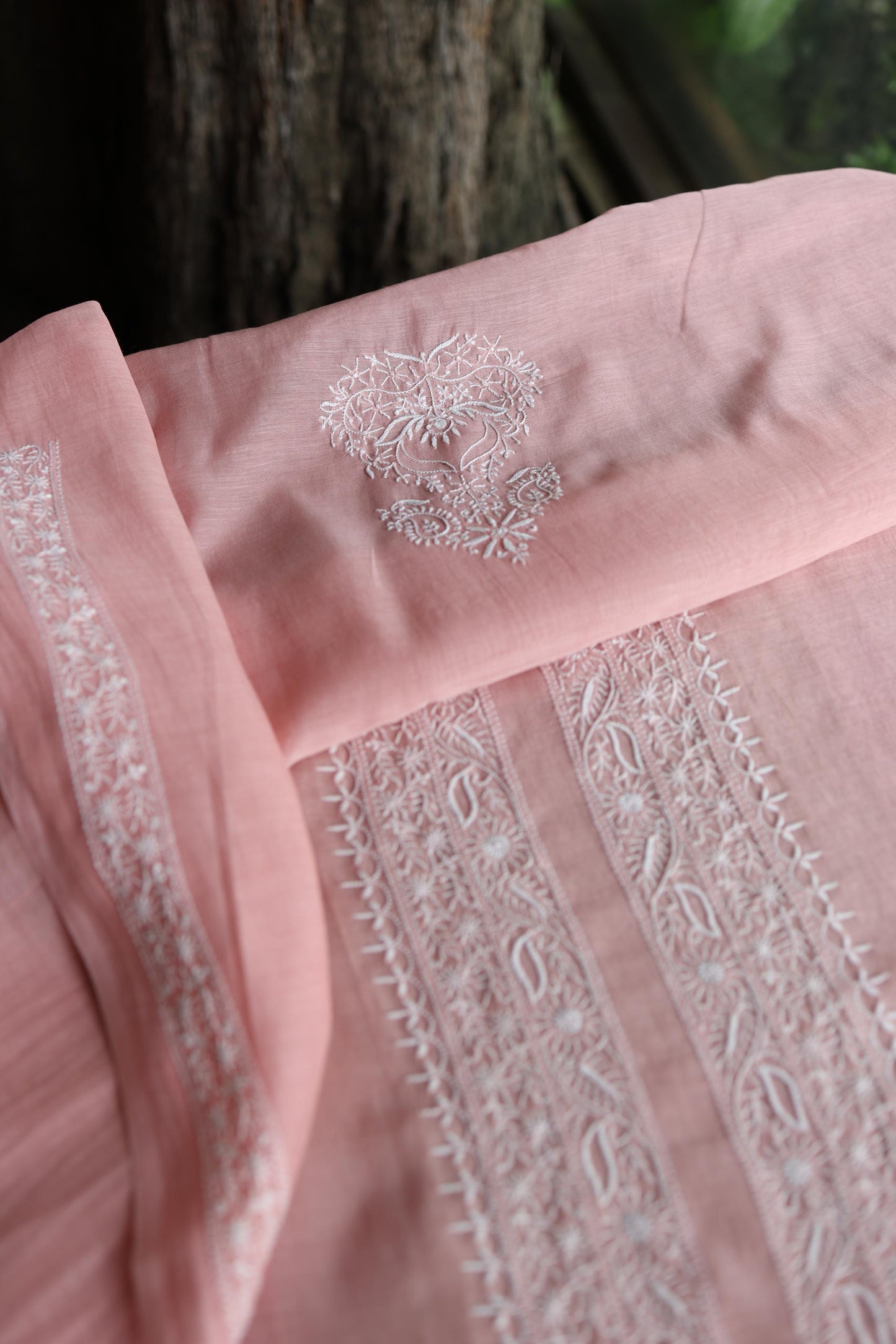 Peach Mulmul Chikankari Unstitched Men's Kurtas Fabric