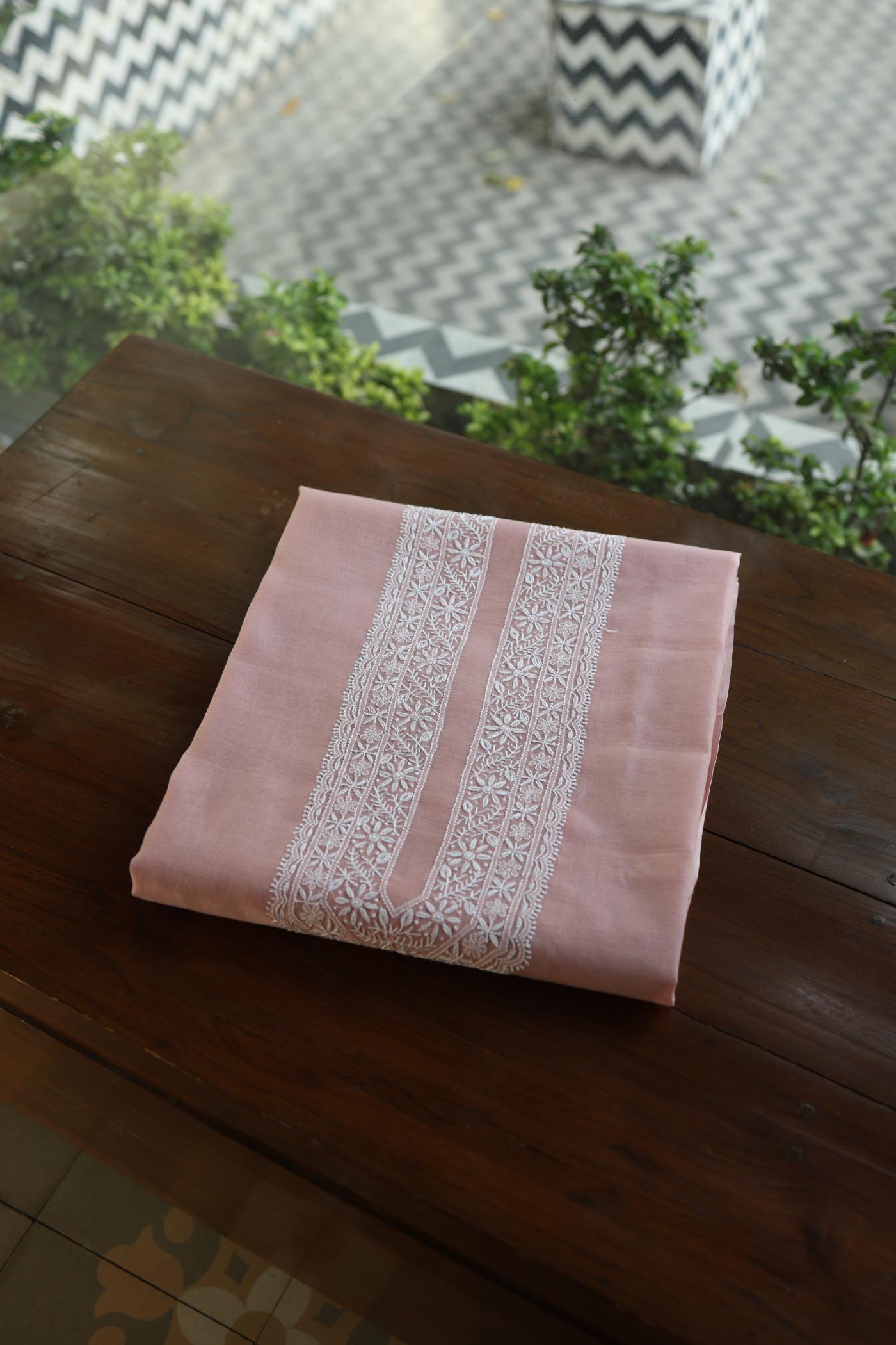Peach Mulmul Chikankari Unstitched Men's Kurtas Fabric