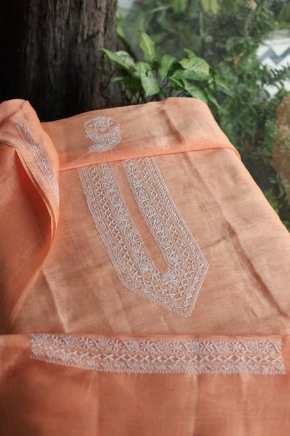 Peach Mulmul Chikankari Unstitched Men's Kurtas Fabric