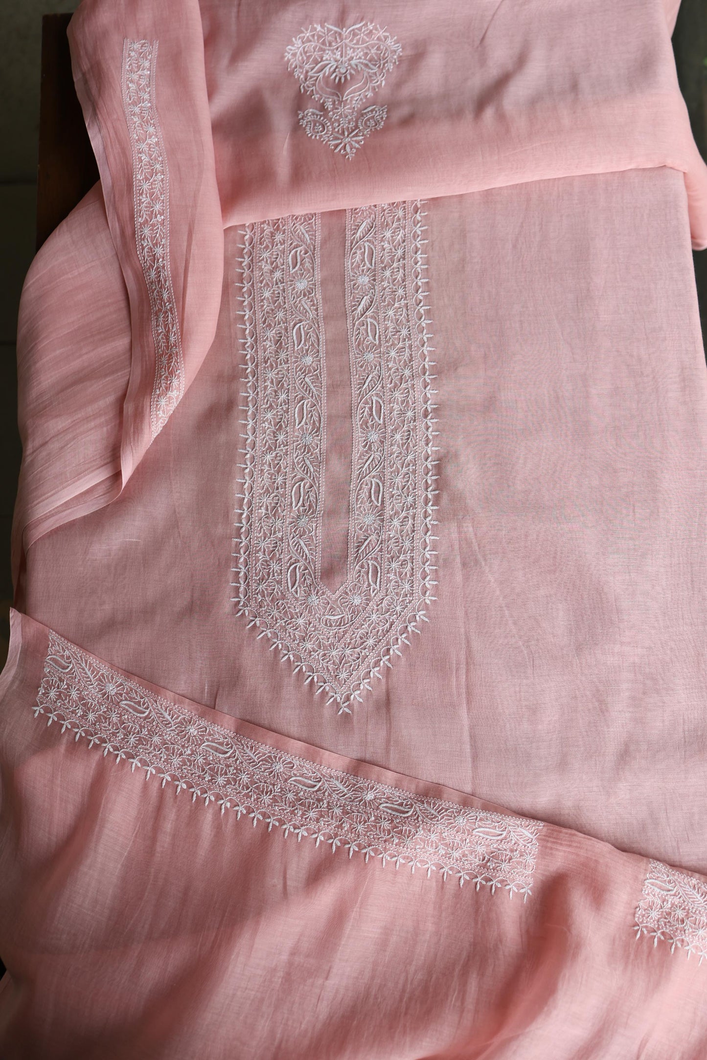Peach Mulmul Chikankari Unstitched Men's Kurtas Fabric