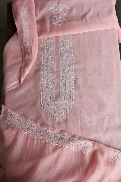 Peach Mulmul Chikankari Unstitched Men's Kurtas Fabric