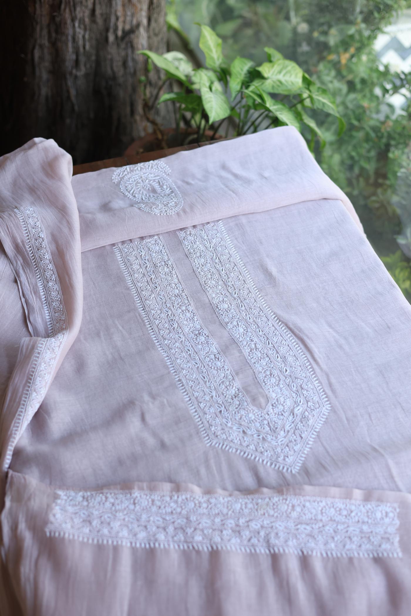 Peach Mulmul Chikankari Unstitched Men's Kurtas Fabric