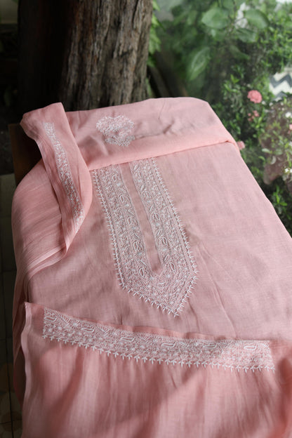 Peach Mulmul Chikankari Unstitched Men's Kurtas Fabric