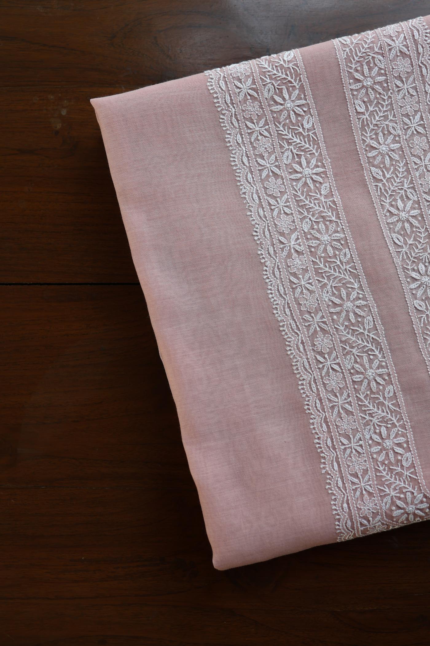 Peach Mulmul Chikankari Unstitched Men's Kurtas Fabric