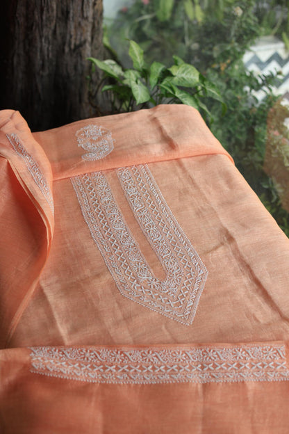 Peach Mulmul Chikankari Unstitched Men's Kurtas Fabric