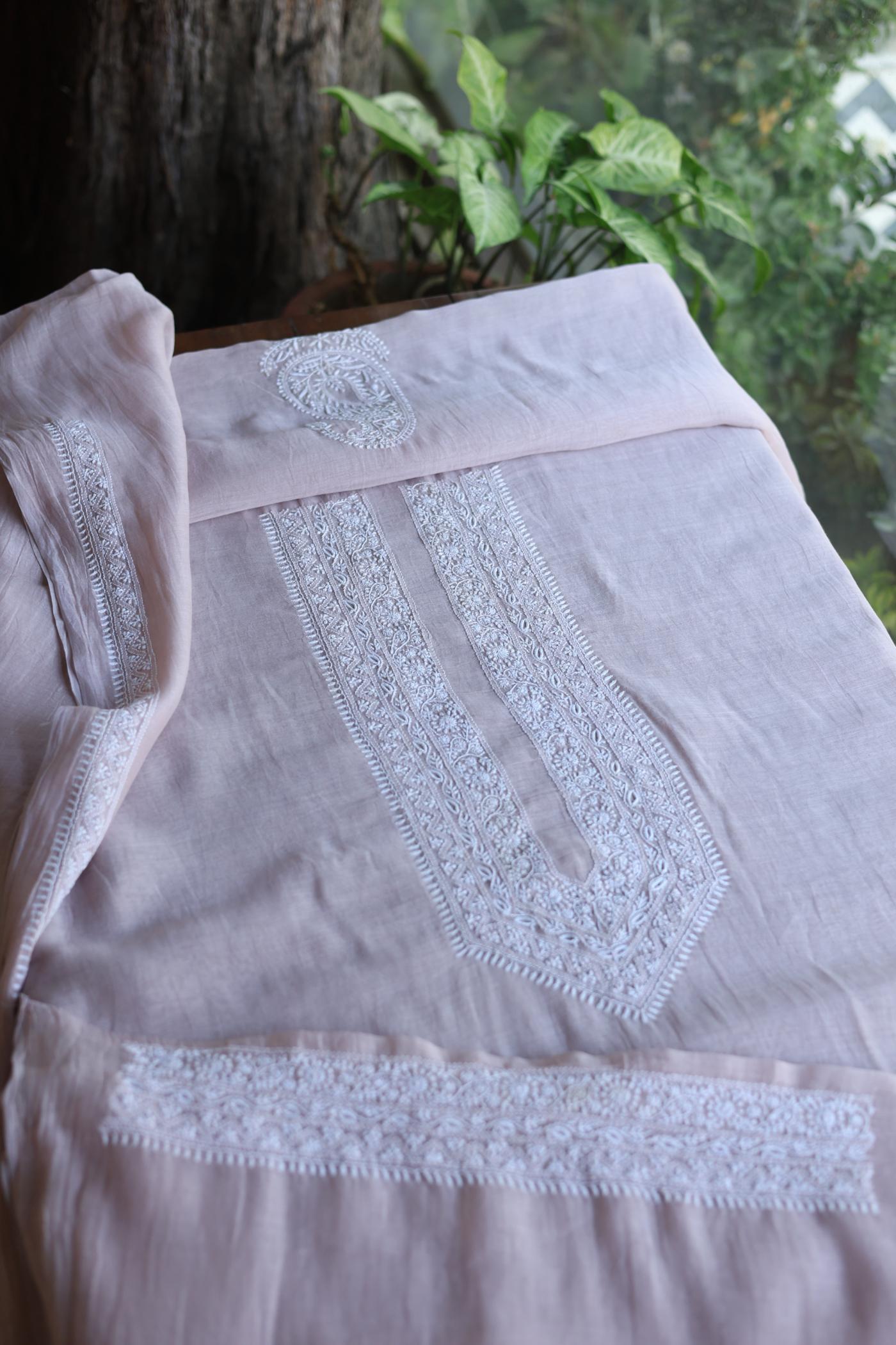 Peach Mulmul Chikankari Unstitched Men's Kurtas Fabric