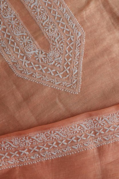 Peach Mulmul Chikankari Unstitched Men's Kurtas Fabric