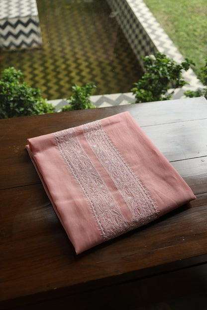 Peach Mulmul Chikankari Unstitched Men's Kurtas Fabric