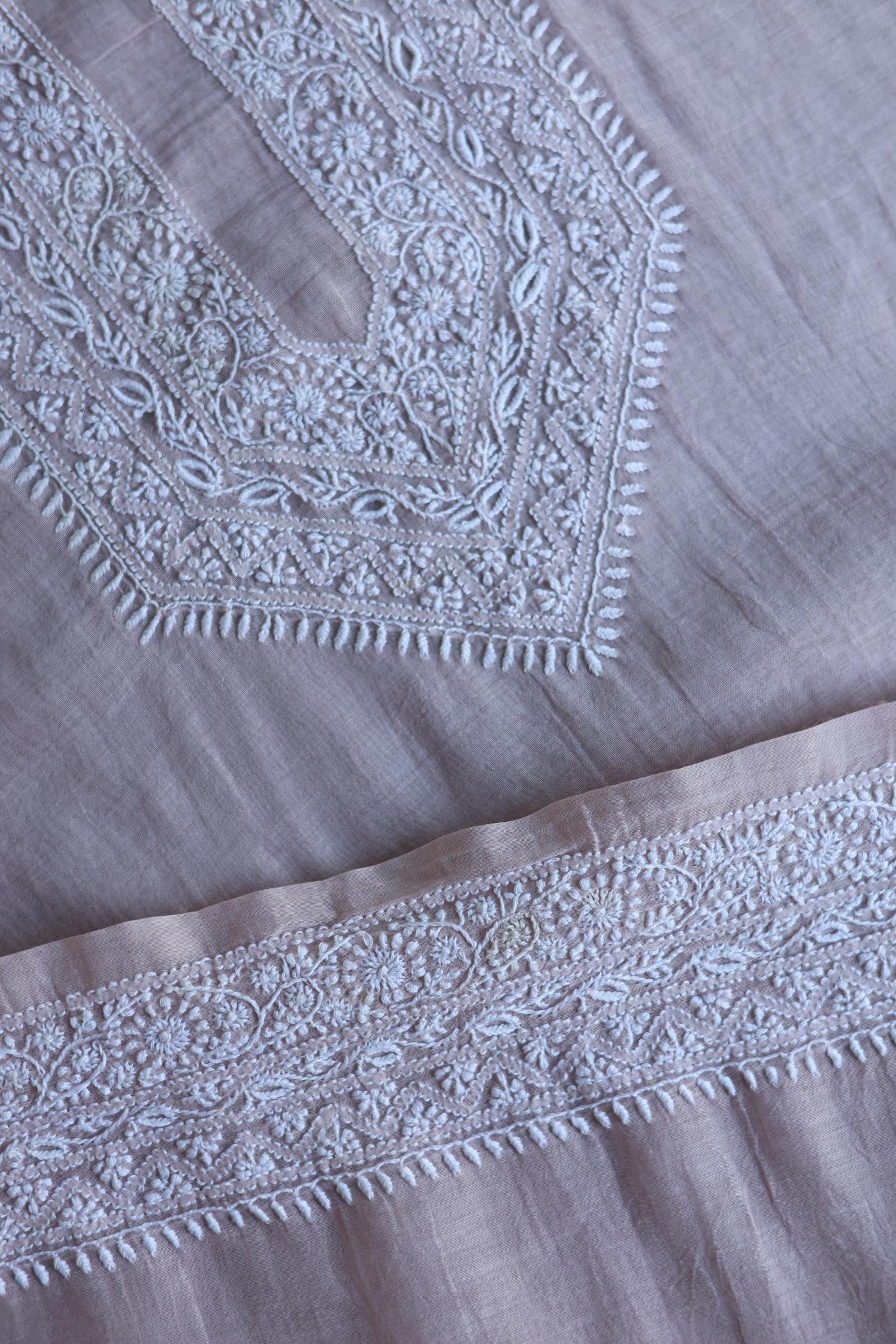 Peach Mulmul Chikankari Unstitched Men's Kurtas Fabric