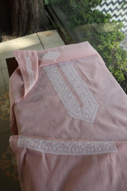 Peach Mulmul Chikankari Unstitched Men's Kurtas Fabric