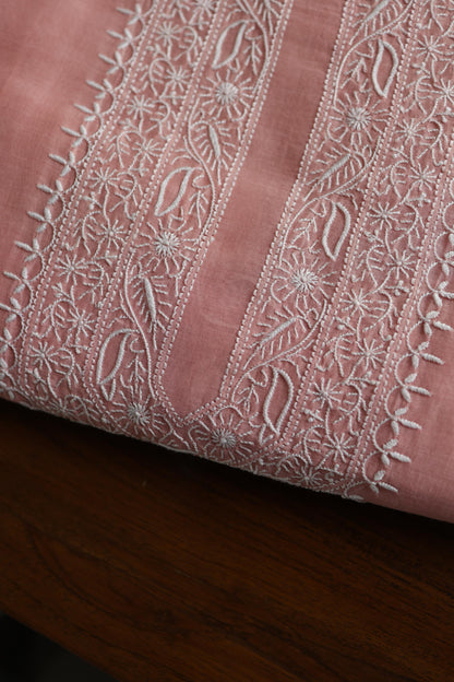 Peach Mulmul Chikankari Unstitched Men's Kurtas Fabric