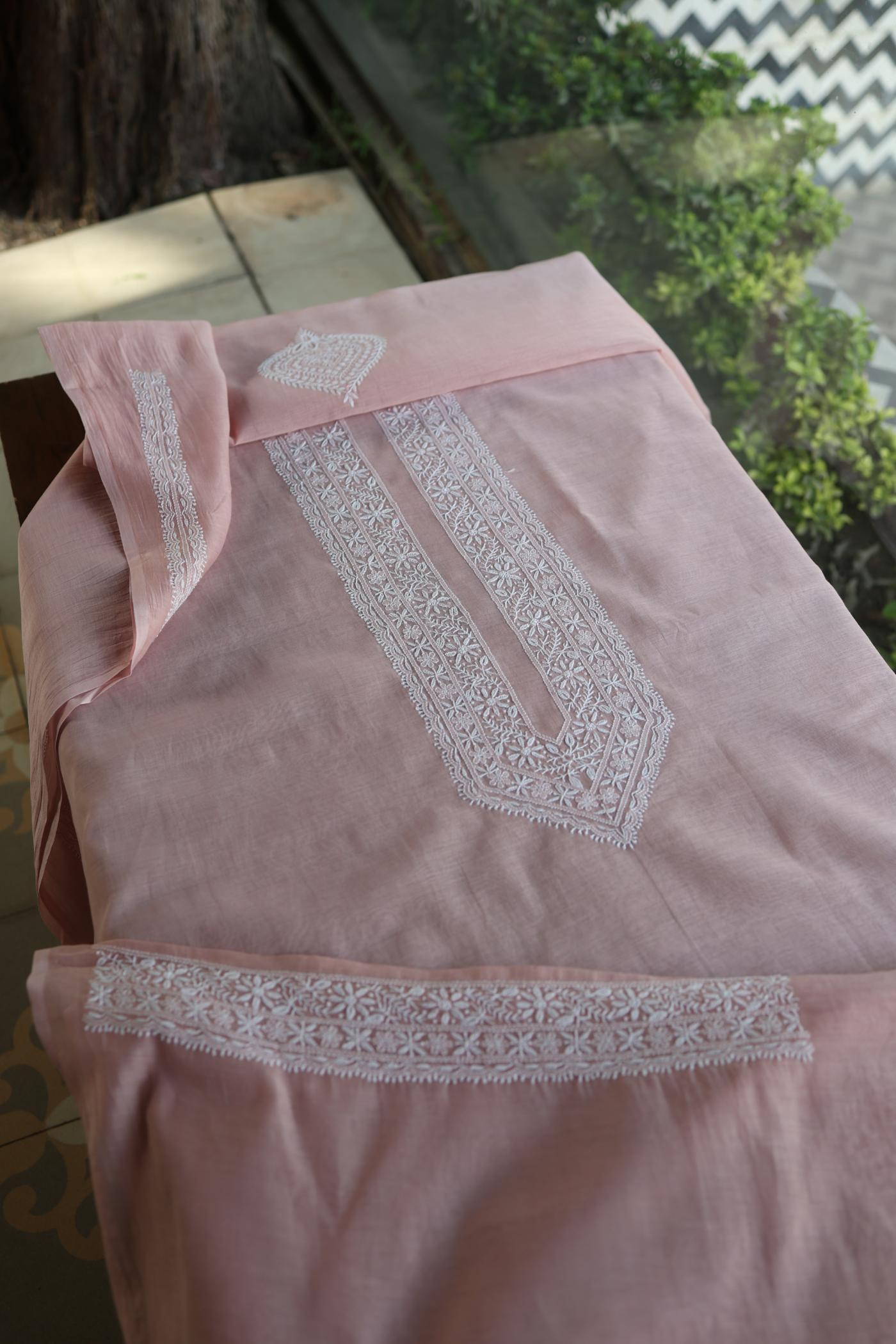 Peach Mulmul Chikankari Unstitched Men's Kurtas Fabric