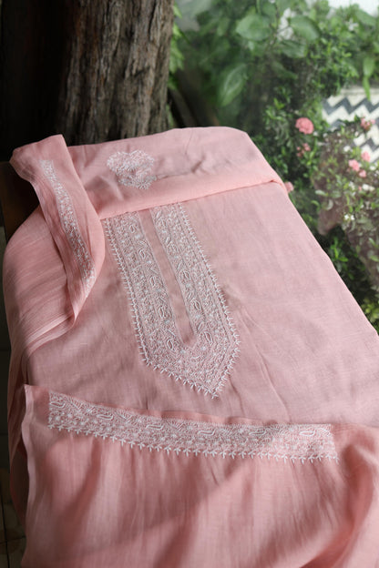 Peach Mulmul Chikankari Unstitched Men's Kurtas Fabric