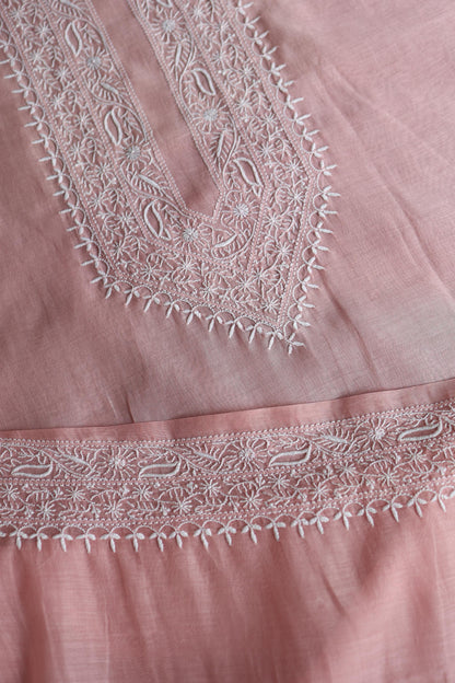 Peach Mulmul Chikankari Unstitched Men's Kurtas Fabric