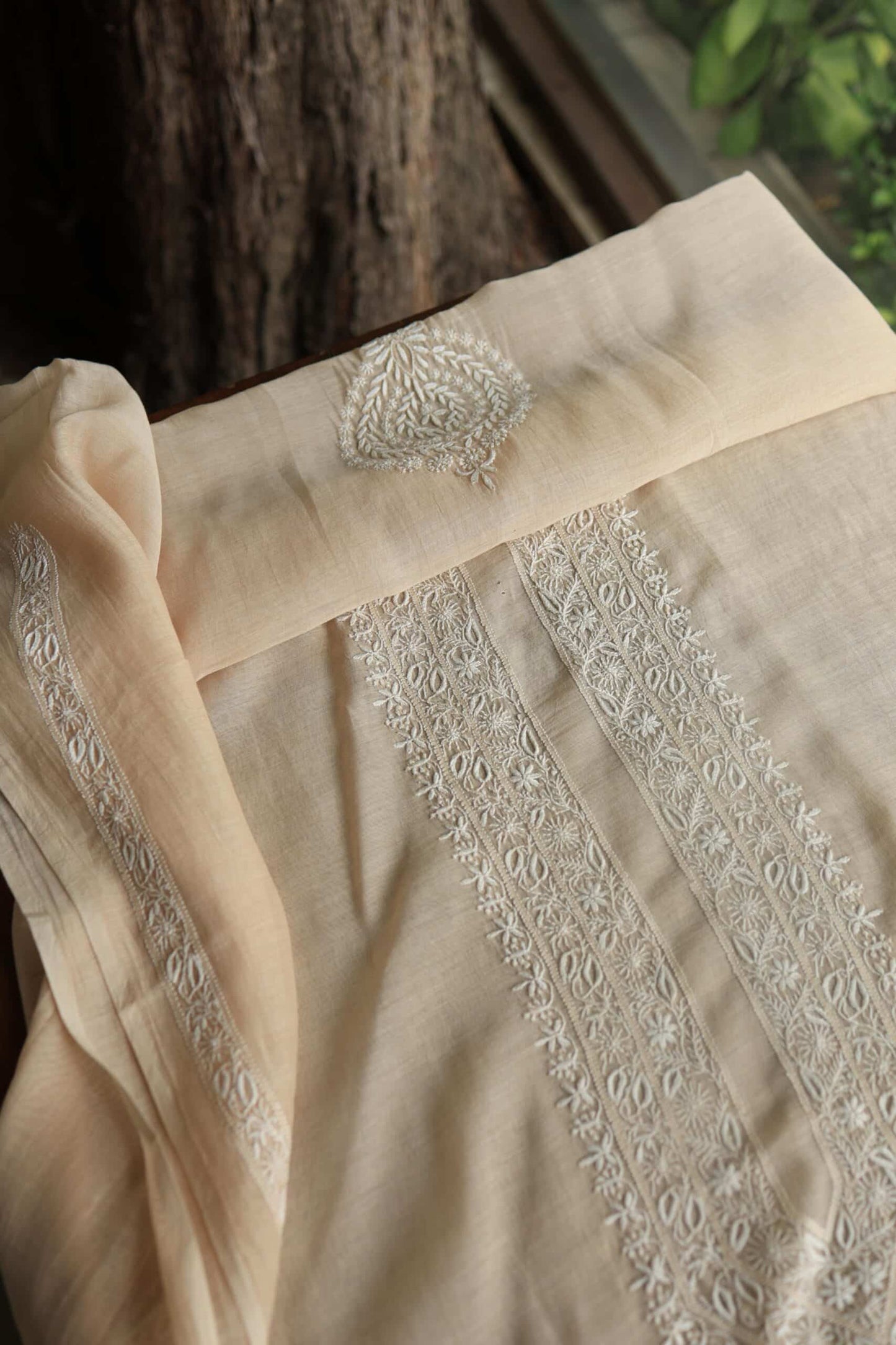 Peach Mulmul Chikankari Unstitched Men's Kurtas Fabrics