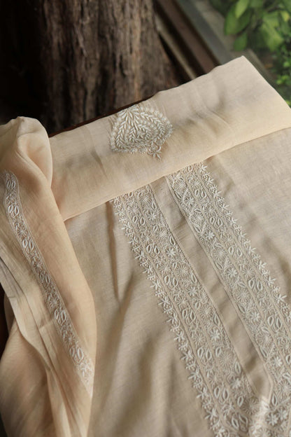 Peach Mulmul Chikankari Unstitched Men's Kurtas Fabrics