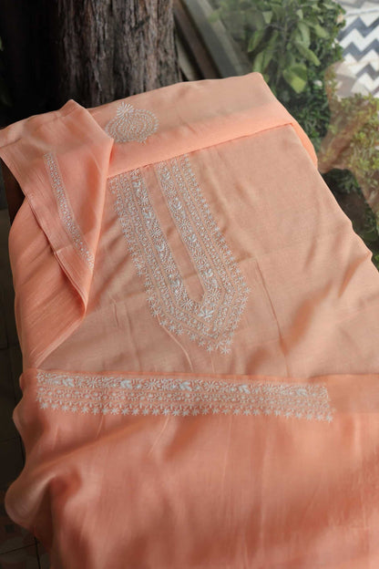 Peach Mulmul Chikankari Men's Kurtas Fabric