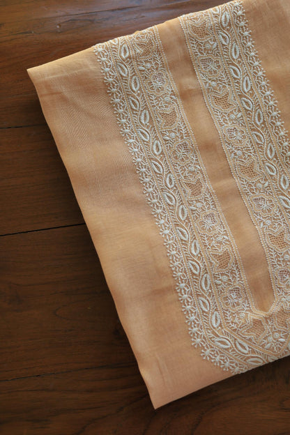 Peach Mulmul Chikankari Unstitched Men's Kurtas Fabric