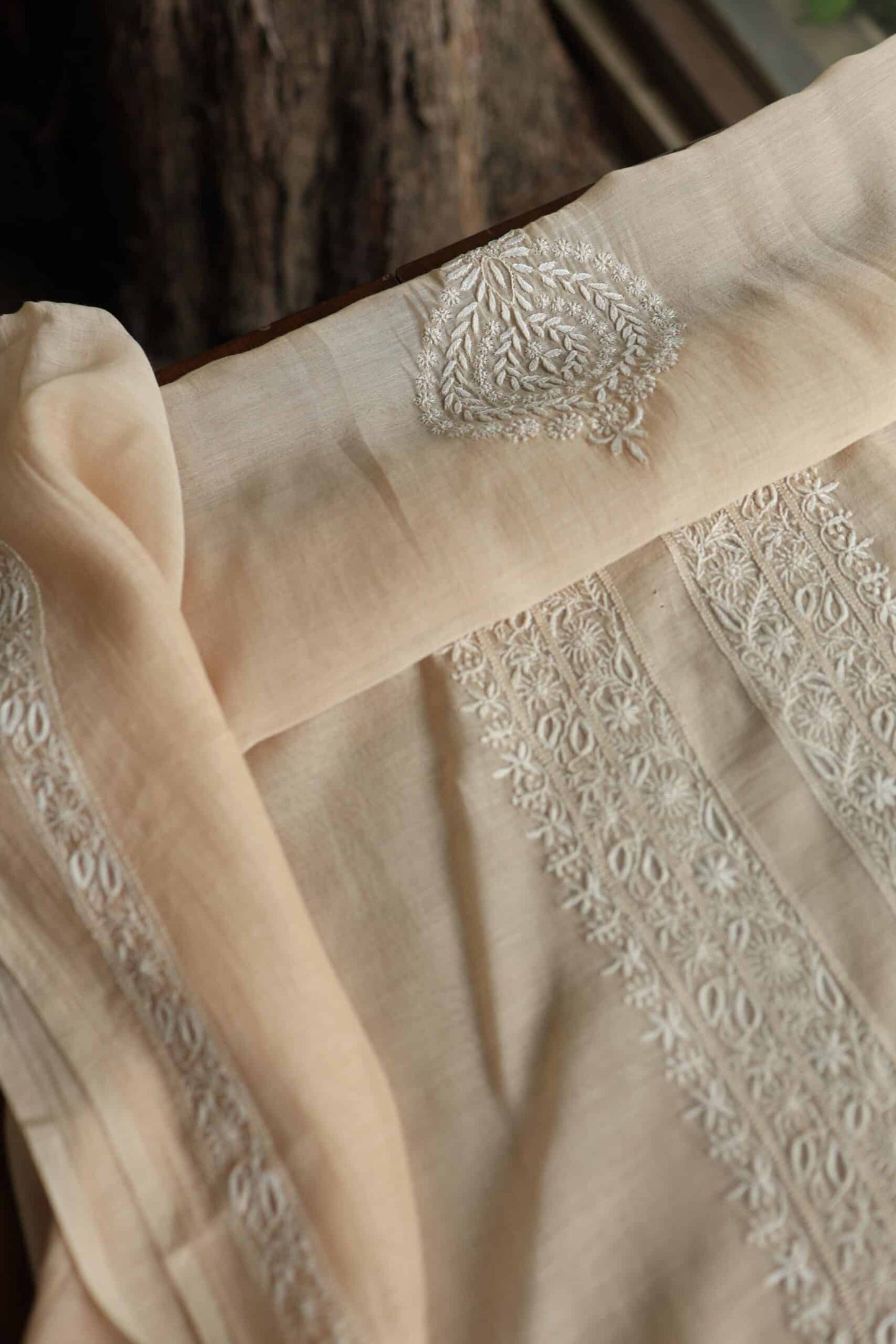 Peach Mulmul Chikankari Unstitched Men's Kurtas Fabrics