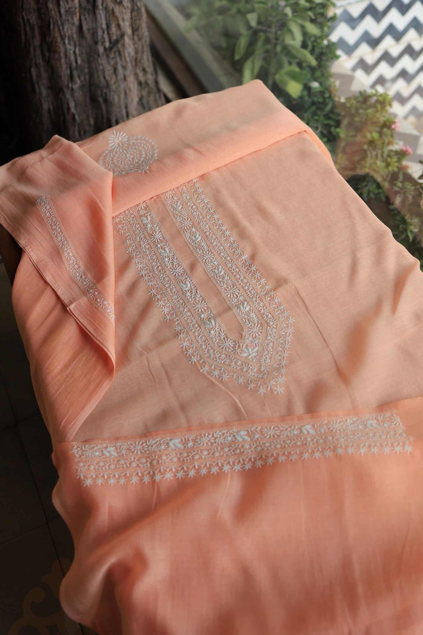 Peach Mulmul Chikankari Men's Kurtas Fabric