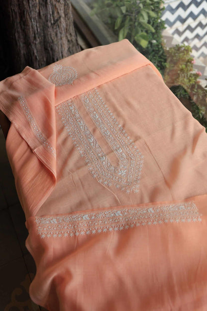 Peach Mulmul Chikankari Men's Kurtas Fabric