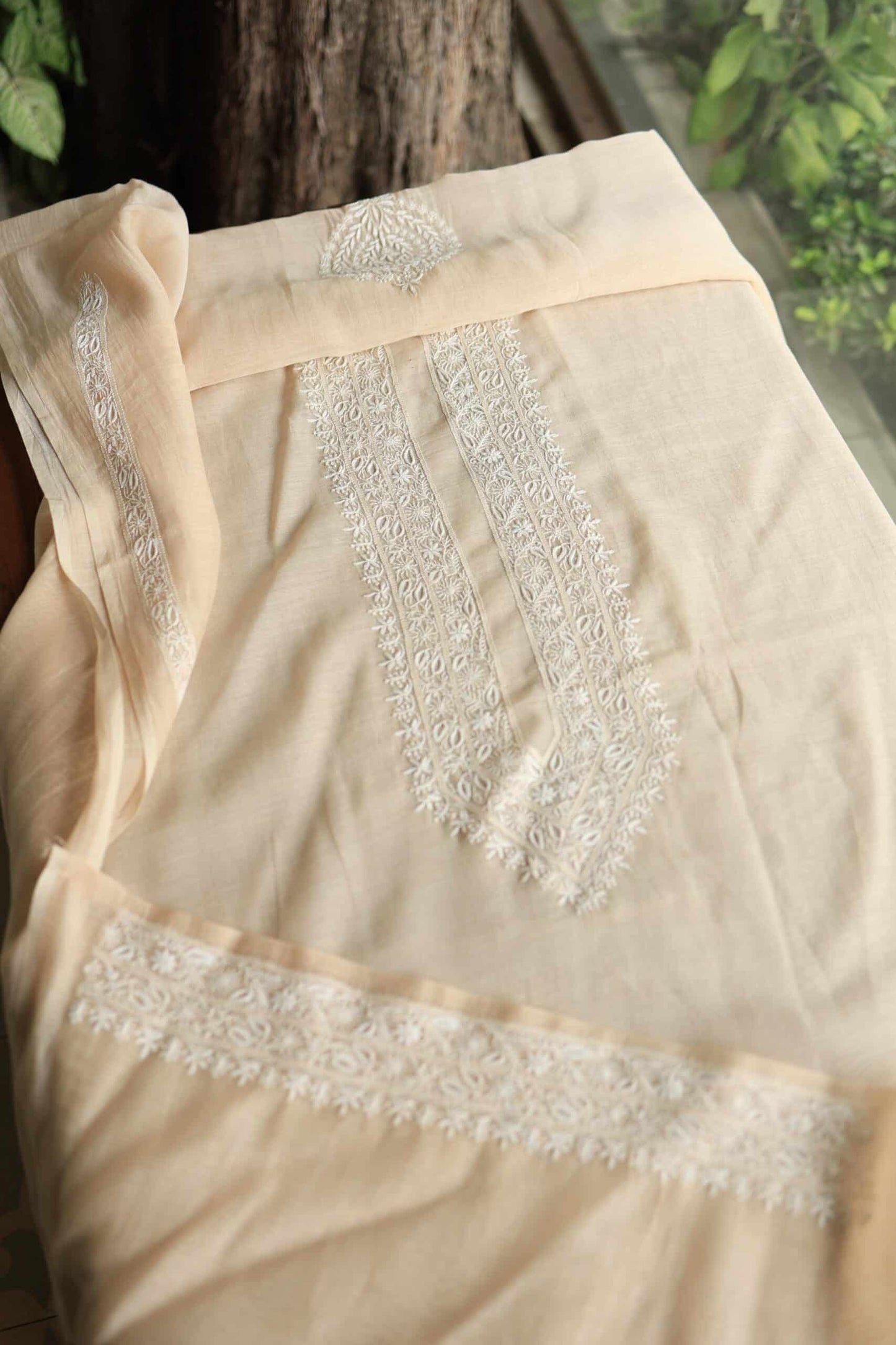 Peach Mulmul Chikankari Unstitched Men's Kurtas Fabrics