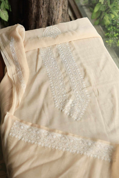 Peach Mulmul Chikankari Unstitched Men's Kurtas Fabrics