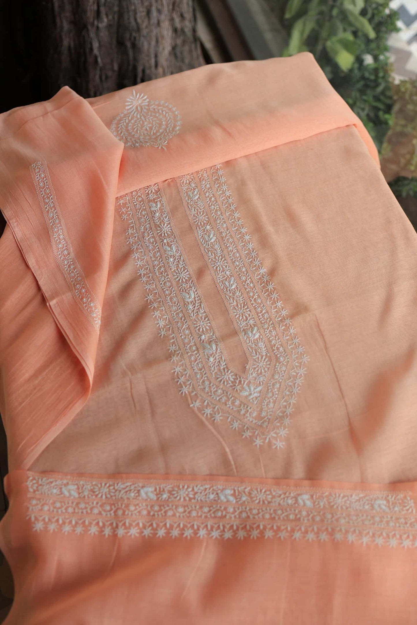 Peach Mulmul Chikankari Men's Kurtas Fabric