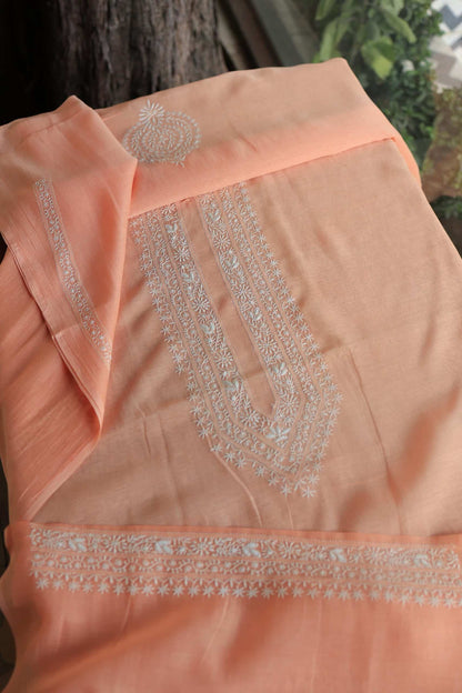 Peach Mulmul Chikankari Men's Kurtas Fabric