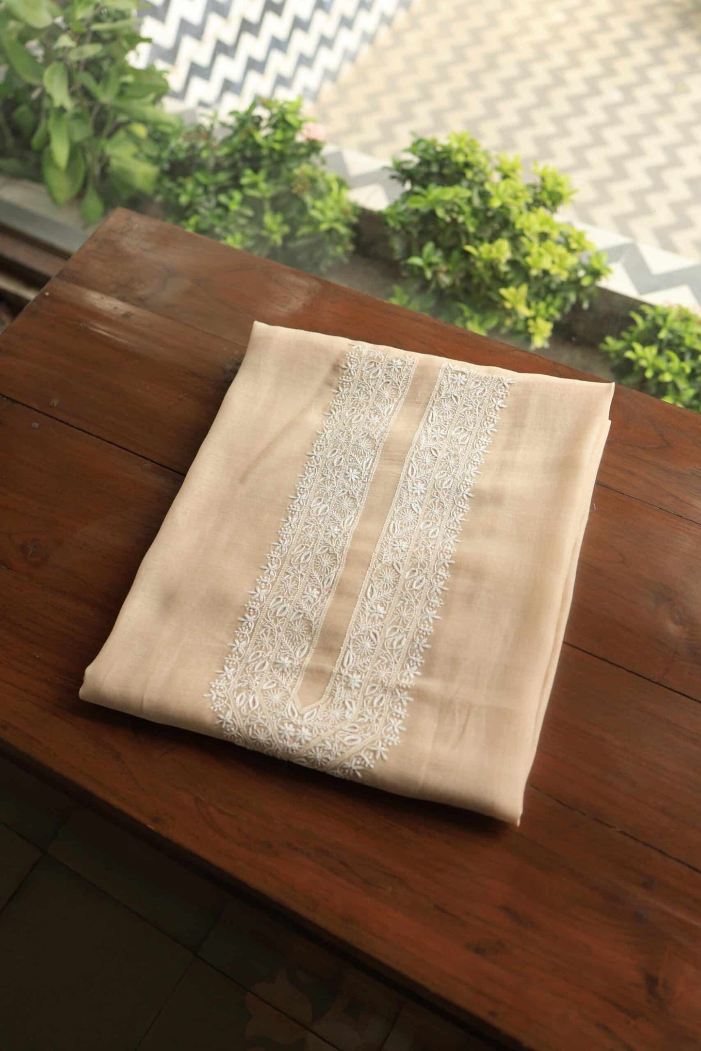 Peach Mulmul Chikankari Unstitched Men's Kurtas Fabrics