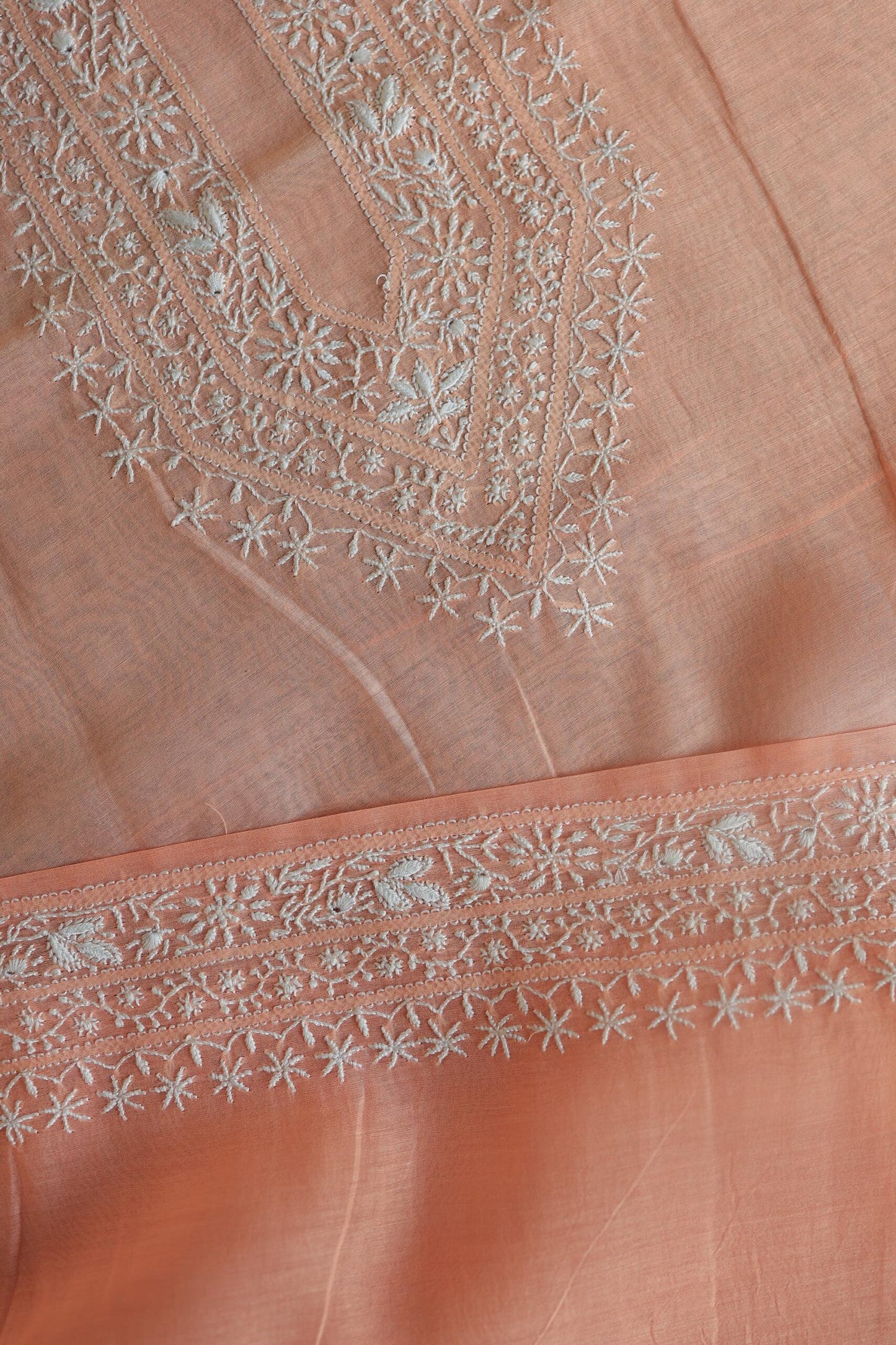 Peach Mulmul Chikankari Men's Kurtas Fabric