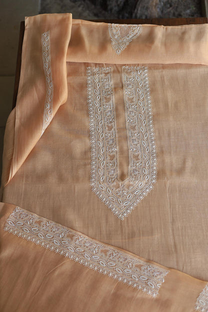 Peach Mulmul Chikankari Unstitched Men's Kurtas Fabric