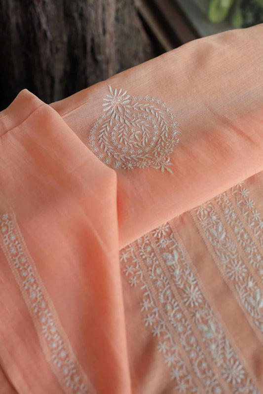 Peach Mulmul Chikankari Unstitched Men's Kurtas Fabrics