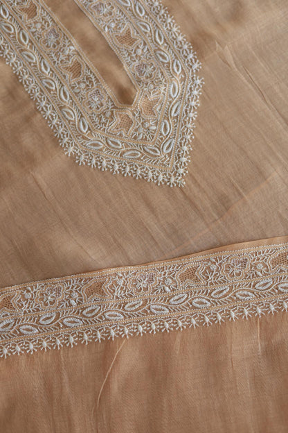 Peach Mulmul Chikankari Unstitched Men's Kurtas Fabric