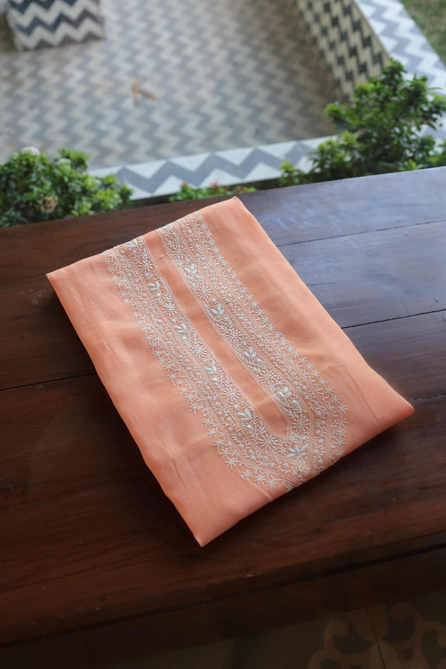 Peach Mulmul Chikankari Men's Kurtas Fabric