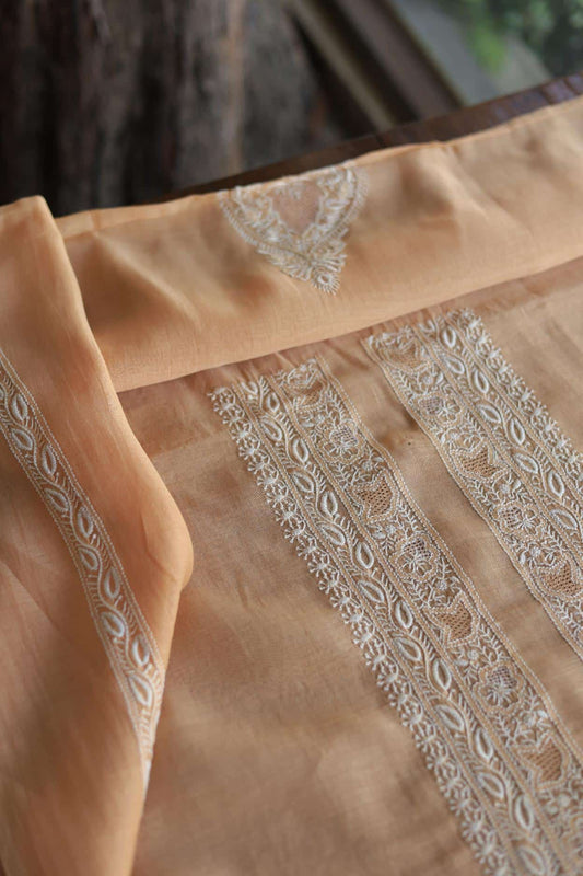 Peach Mulmul Chikankari Unstitched Men's Kurtas Fabrics