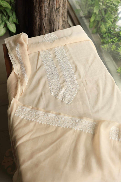 Peach Mulmul Chikankari Unstitched Men's Kurtas Fabrics