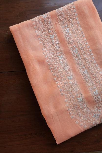 Peach Mulmul Chikankari Men's Kurtas Fabric