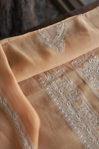 Peach Mulmul Chikankari Unstitched Men's Kurtas Fabric