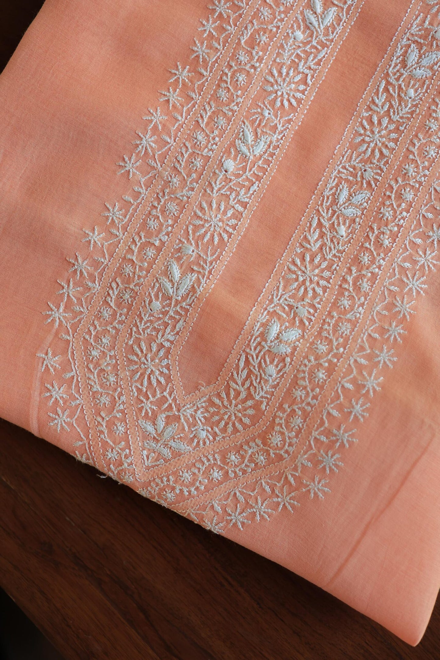 Peach Mulmul Chikankari Men's Kurtas Fabric